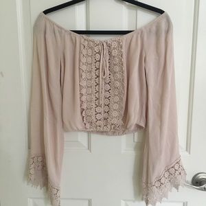 Pink off the shoulder cropped bell sleeve blouse